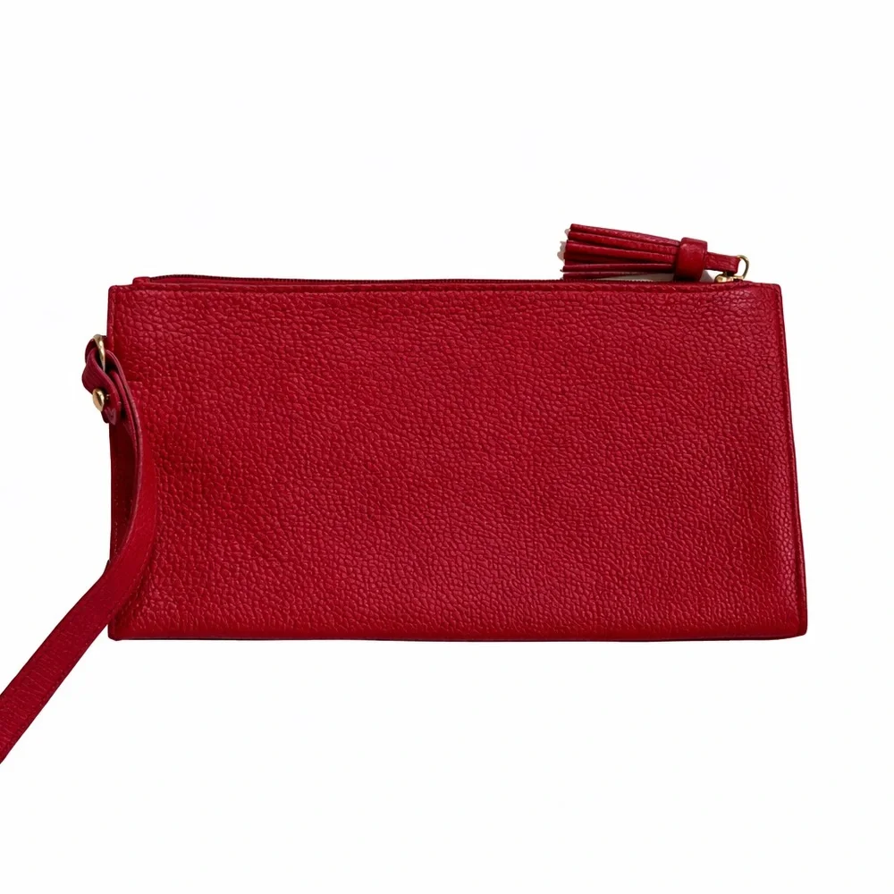 Longchamp Red Pebbled Leather Zip Wristlet Clutch Gold Logo - Picture 3 of 7